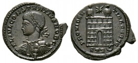 Constantius II (Caesar, 324-337), Follis, Treveri, AD 326, 3.03g, 19mm. Laureate, draped and cuirassed bust left / Camp-gate with two turrets and no d...