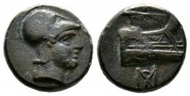 Kings of Macedon, Demetrios I Poliorketes (306-283 BC), Æ, Salamis, 4.29g, 14mm. Helmeted head of Athena right / Prow right; monogram below. Newell, D...