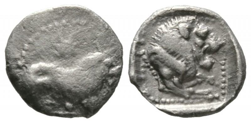Cyprus, Amathos, c. 450-400 BC, Diobol, 1.58g, 12mm. Lion laying right / Forepar...