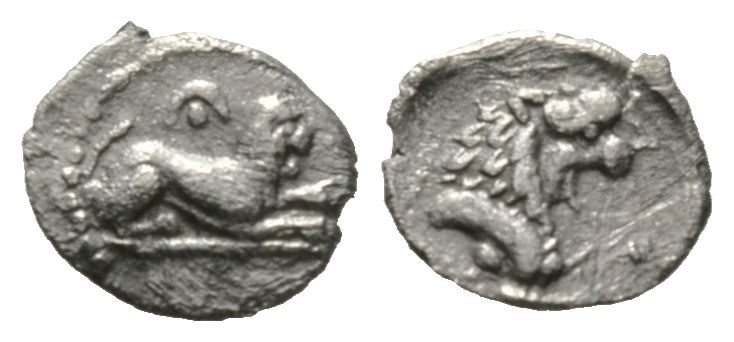 Cyprus, Amathos, c. 450-400 BC, Hemiobol, 0.24g, 7mm. Lion laying right; crescen...