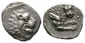 Cyprus, Amathos, Rhoikos (c. 350 BC), Tetrobol, 2.16g, 13mm. Lion’s head right / Forepart of lion right, head facing; star to right. BMC 22; SNG Cop. ...