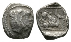 Cyprus, Kition, Baalmelek II (c. 425-400 BC), Obol, 0.79g, 8mm. Head of Herakles right, wearing lion’s skin / Lion right attacking a stag; all within ...