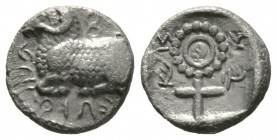 Cyprus, Salamis, Nikodamos, c. 460-450 BC, Diobol, 1.58g, 10mm. Ram recumbent left / Large ankh within incuse square. Cf. SNG Cop. 37 (Tetrobol); BMC ...