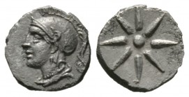 Cyprus, Salamis, Evagoras II (361-351 BC), Obol, 0.50g, 8mm. Head of Athena left wearing crested helmet / Star of eight rays. SNG Cop. 53; BMC 68. Abo...