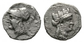 Cyprus, Salamis, Evagoras II (361-351 BC), Obol, 0.48g, 9mm. Head of Aphrodite wearing turreted crown right / Head of Athena left wearing crested helm...