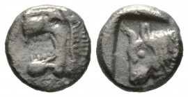 Cyprus, Soloi, c. 480 BC, Tetrobol, 3.29g, 14mm. Head of roaring lion left / Bull head left. SNG Cop. -; cf. BMC pl XIII, 7-8 (head of bull right). Po...