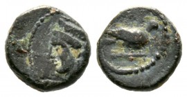 Cyprus, Uncertain, c. 4th century BC, Æ, 1.03g, 8mm. Head of Aphrodite(?) left, wearing ornamented polos / Dove standing right. Unpublished in the sta...