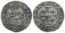 Cyprus, Crusaders, Lusignan Kingdom of Cyprus. Catherine Cornaro (1474-1489), Gros, 3.65g, 26mm. Catherine seated facing on curved throne, holding lis...