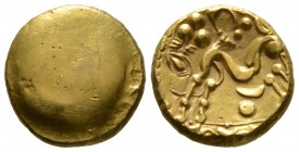 Northeast Gaul, Ambiani, c. 58-55 BC, Stater, Gallic War issue, 6.20g, 15mm. Plain bulge / Large disjointed horse right; crescents and pellets around....