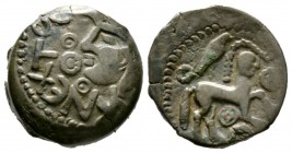 Northeast Gaul, Parisii, c. 50-40 BC, Æ, 4.79g, 16mm. VENEXTOS, Head left / Androcephalic horse galopping right; bird above. De la Tour 7850. Very fin...