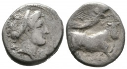 Campania, Neapolis, c. 300-275 BC, Didrachm, 7.31g, 18mm. Head of nymph right, hair in band; kantharos behind neck / Man-headed bull standing right, h...