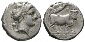 Campania, Neapolis, c. 300-275 BC, Didrachm, 6.95g, 18mm. Head of nymph right; grape bunch behind neck, X below chin, ΣTA below neck / Man-headed bull...