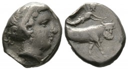 Campania, Neapolis, c. 300-275 BC, Didrachm, 6.87g, 16mm. Head of nymph right, wearing headband / Man-headed bull walking right; above, Nike flying ri...