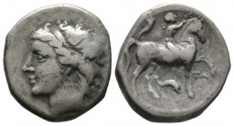 Southern Apulia, Tarentum, Campano-Tarentine series, c. 281-272 BC, Nomos, 7.15g, 20mm. Diademed head of nymph left, wearing pendant earring / Nude yo...