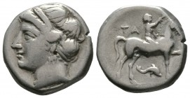 Southern Apulia, Tarentum, Campano-Tarentine series, c. 281-272 BC, Nomos, 7.11g, 17mm. Diademed head of nymph left, wearing pendant earring / Nude yo...