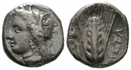 Southern Lucania, Metapontion, c. 330-290 BC, Stater 7.53g, 19mm. Wreathed head of Demeter left / Barley ear with leaf to left; above leaf, griffin sp...