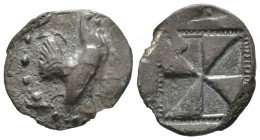 Sicily, Himera, c. 530-520/15 BC, Fouree Drachm, 4.52g, 22mm. Cock standing right / Incuse square with mill-sail pattern, enclosed within segmented li...