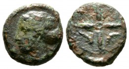 Sicily, Syracuse, c. 415-405 BC, Hemilitron, 3.62g, 13mm. Head of Arethusa left, hair in sphendone / Wheel of four spokes; dolphins in lower quarters....