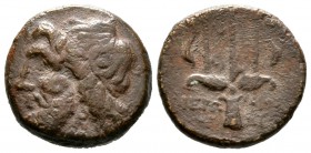 Sicily, Syracuse, Hieron II (274-216 BC), Æ, c. 263-218 BC, 6.15g, 17mm. Head of Poseidon left, wearing tainia / Ornamented trident head flanked by tw...