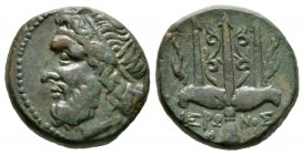 Sicily, Syracuse, Hieron II (274-216 BC), Æ, c. 263-218 BC, 6.80g, 18mm. Head of Poseidon left, wearing tainia / Ornamented trident head flanked by tw...