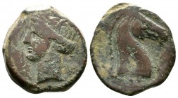 Sardinia, Carthaginian Domain, Æ, c. 300-264 BC, 5.40g, 20mm. Wreathed head of Tanit left; pellet behind / Head of horse right; crescent to right, pel...