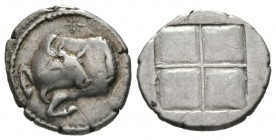 Macedon, Akanthos, c. 470-390 BC, Tetrobol, 2.26g, 14mm. Forepart of bull left, head right; star above / Quadripartite incuse square. SNG ANS -; McCle...