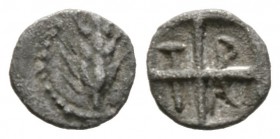 Macedon, Tragilos, c. 450-400 BC, Hemiobol, 0.30g, 6mm. Grain ear / Quadripartite incuse square; T-P-A-I in quarters starting at the upper left. SNG A...