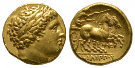 Kings of Macedon, Philip II (359-336 BC), Stater, Pella, c. 340/36-328 BC, 8.60g, 17mm. Laureate head of Apollo right / Charioteer driving biga right,...