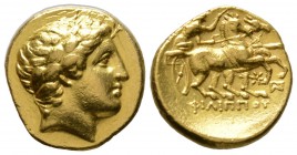 Kings of Macedon, Philip II (359-336 BC), Stater, Abydos, c. 323-317 BC, 8.55g, 17mm. Laureate head of Apollo to right / Charioteer driving galloping ...