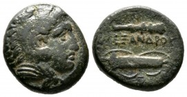 Kings of Macedon, Alexander III ‘the Great’ (336-323 BC), Æ, Uncertain mint in Macedon, 6.52g, 17mm. Head of Herakles right, wearing lion skin / Club ...