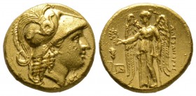 Kings of Macedon, Alexander III ‘the Great’ (336-323 BC), Stater, Abydos, c. 323-317 BC, 8.60g, 16mm. Head of Athena right, wearing crested Corinthian...