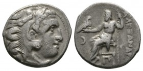 Kings of Macedon, Alexander III “the Great” (336-323 BC), Drachm, Kolophon, c. 301/0-300/299, 3.97g, 16mm. Head of Herakles right, wearing lion skin /...