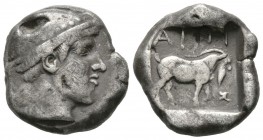 Thrace, Ainos, Tetradrachm, c. 478-450 BC, 16.12g, 25mm. Head of Hermes right, wearing petasos / Goat standing right; uncertain symbol to right. Cf. S...