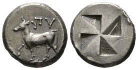 Thrace, Byzantion, c. 340-320 BC, Drachm, 5.32g, 15mm. Bull standing left on dolphin left / Mill sail incuse. SNG BM Black Sea 21. Good Very fine, ton...