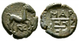 Thrace, Maroneia, c. 386/5-348/7 BC, Æ, 3.07g, 12mm. Horse galloping right; monogram below / Grape vine within square border. SNG Cop. 629-30. Very fi...
