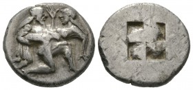 Islands of Thrace, Thasos, c. 480-463 BC, Stater, 8.45g, 21mm. Ithyphallic satyr advancing right, carrying off protesting nymph / Quadripartite incuse...