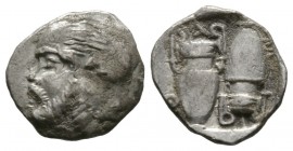 Islands off Thrace, Thasos, c. 412-404 BC, Diobol, 1.29g, 13mm. Janiform satyr heads / Two amphorae, the right inverted, within shallow incuse square....