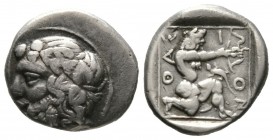 Islands of Thrace, Thasos, c. 390-335 BC, Drachm, 3.81g, 15mm. Wreathed and bearded head of Dionysos left / Herakles, wearing lion skin, kneeling righ...