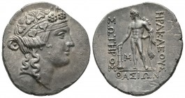 Islands of Thrace, Thasos, c. 90-75 BC, Tetradrachm, 16.45g, 34mm. Wreathed head of young Dionysos right / Herakles standing facing, head left, holdin...