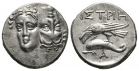 Moesia, Istros, c. 256/5-240 BC, Drachm, 5.70g, 18mm. Facing male heads, the right inverted / Sea-eagle left, grasping dolphin with talons; A below do...