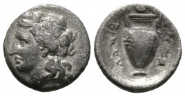 Thessaly, Lamia, c. 350-300 BC, Hemidrachm, 2.43g, 14mm. Wreathed head of young Dionysos left / Amphora; ivy leaf above, prochous with handle to right...