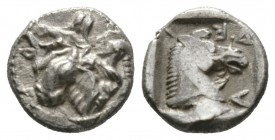 Thessaly, Larissa, c. 462/1-460 BC, Obol, 1.00g, 9mm. Bull’s head and neck; behind, half figure of hero to left, grasping bull by the horns; above, lo...
