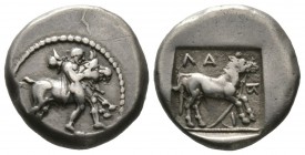 Thessaly, Larissa, c. 460-450 BC, Drachm, 6.24g, 16mm. Thessalos, nude but for petasos and cloak tied at neck, holding band across horns of bull leapi...