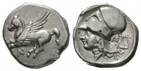 Akarnania, Anaktorion, c. 350-300 BC, Stater, 8.44g, 19mm. Pegasos flying left / Helmeted head of Athena left; monogram and lyre behind. Pegasi 37; BC...
