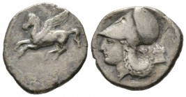 Akarnania, Anaktorion, 320-280 BC, Stater, 7.50g, 23mm. Pegasos flying left / Helmeted head of Athena left; altar behind. Cf. BCD Akarnania 108. Near ...