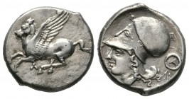 Akarnania, Leukas, c. 435-380 BC, Stater, 8.51g, 20mm. Pegasos flying left / Helmeted head of Athena left; A within wreath behind. Pegasi 127; BCD Aka...