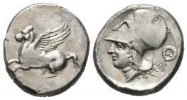 Akarnania, Leukas, c. 320-280 BC, Stater, 8.44g, 20mm. Pegasos flying left / Helmeted head of Athena left; to right, A within wreath. Pegasi 127; BCD ...