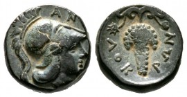 Lokris, Lokris Opuntii, c. 325-300 BC, Æ, 2.51g, 11mm. Helmeted head of Athena right; AN above / Grape bunch on vine tendril with two leaves. BCD Lokr...