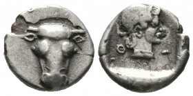 Phokis, Federal Coinage, c. 460-458/7 BC, Fourre Hemidrachm, 2.19g, 14mm. Bull’s head facing / Head of Artemis right within incuse square. Williams 16...