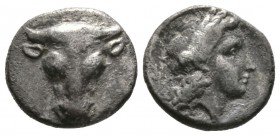 Phokis, Federal Coinage, c. 354-352 BC, Triobol – Hemidrachm, Onymarchos, strategos, 2.53g, 13mm. Facing bull’s head / Head of Artemis right; chelys t...